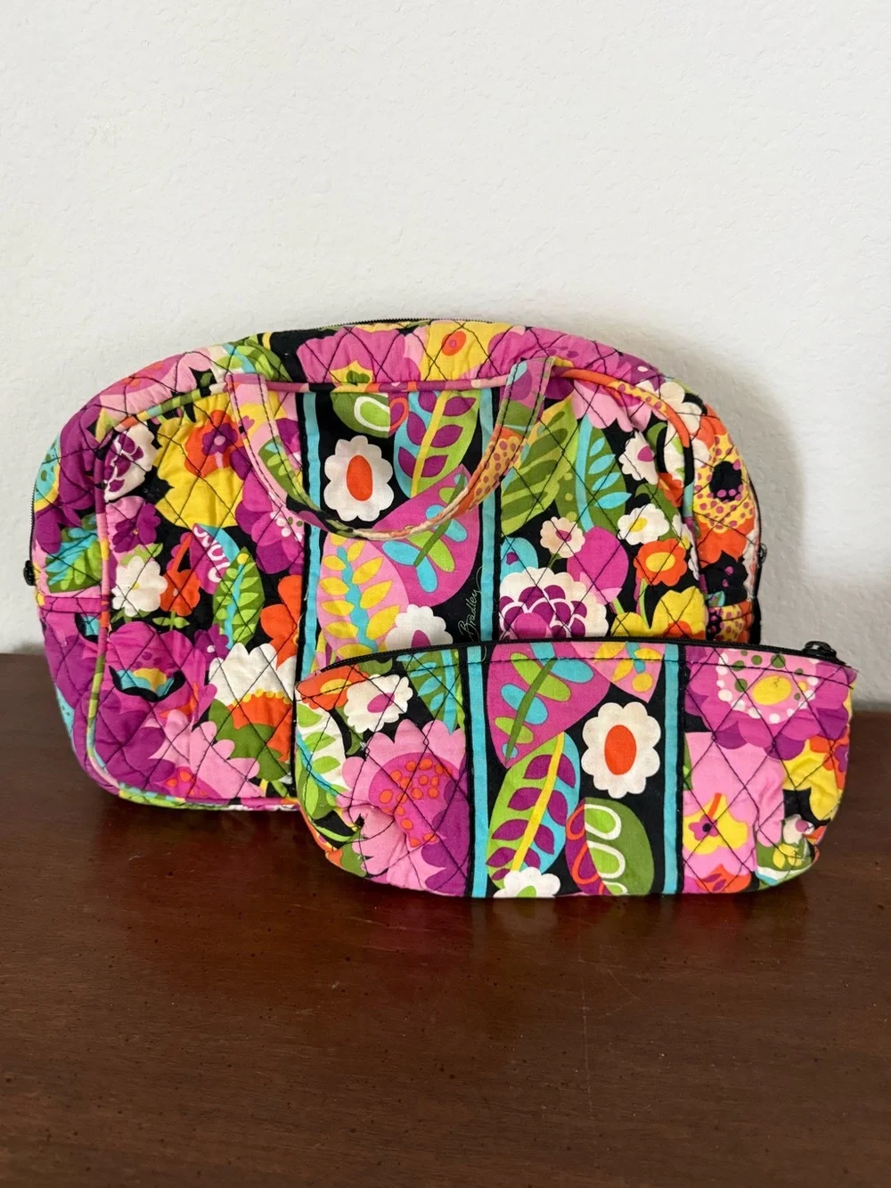 Vera Bradley Va Va Bloom Purple Quilted  Cosmetic Bag & Cosmetic Brush Bag